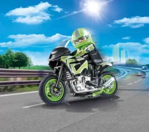 Green motorcycle and pilot