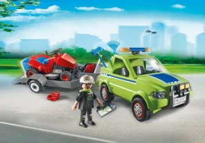 Gardener with vehicle and riding lawnmower