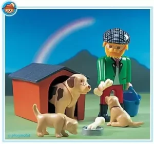Man with dog and puppies