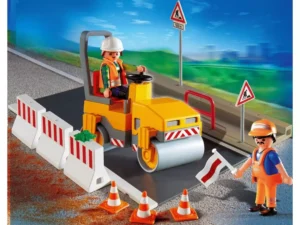 Road workers with steamroller