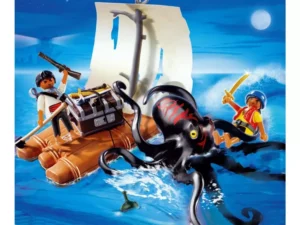 Raft with giant octopus