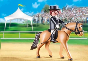 German Sport Horse with Dressage Rider and Stable
